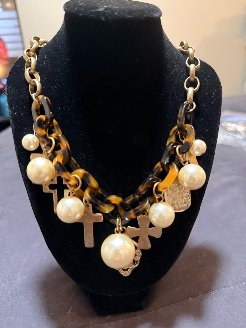 Tortoiseshell Link Necklace with Faux Pearl and Gold Charms